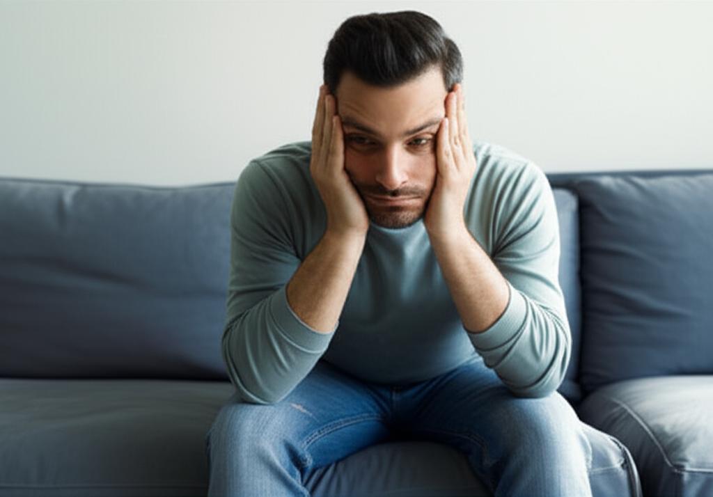 Tired man sitting on sofa looking frustrated