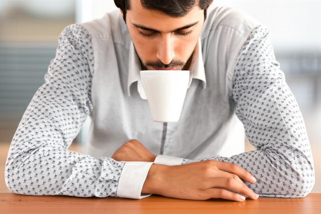 Tired man drinking coffee at desk with blurred background
