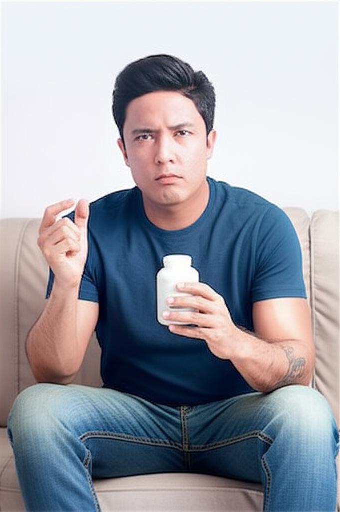 A tired man sitting on a couch, looking frustrated, perhaps holding a supplement bottle.