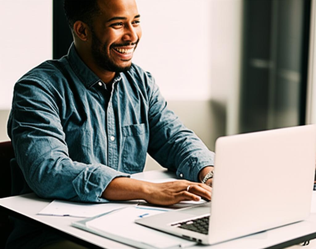 A man smiling and energetic at his desk, working effectively