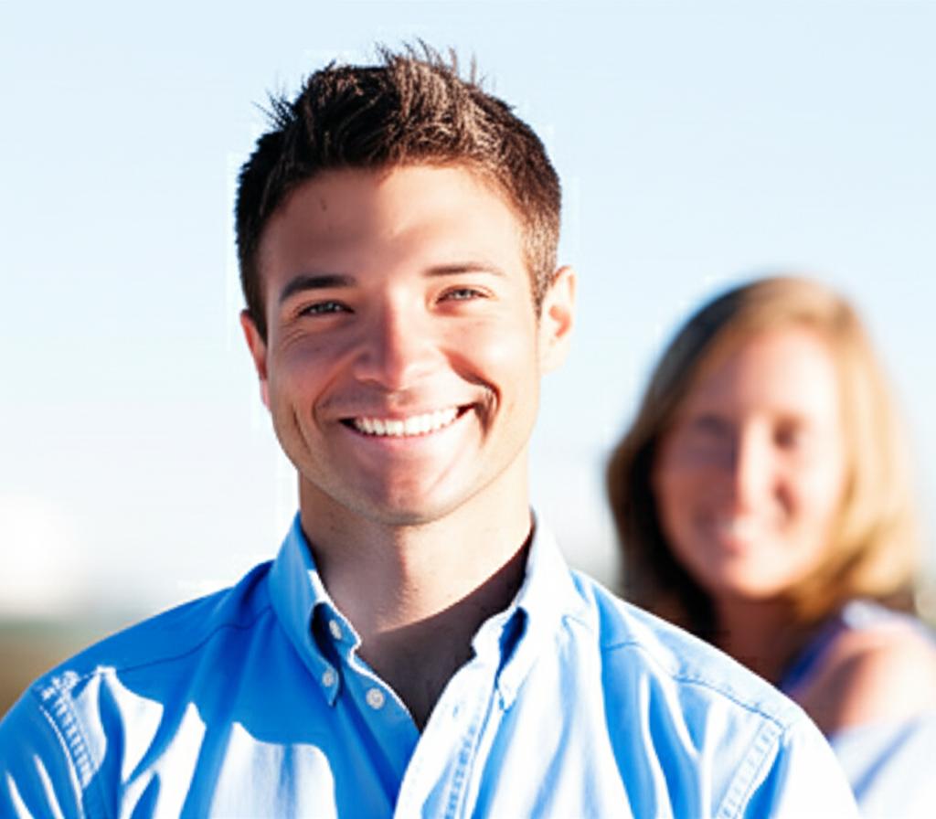 man smiling confidently with partner in background, looking happy, bright and positive colors