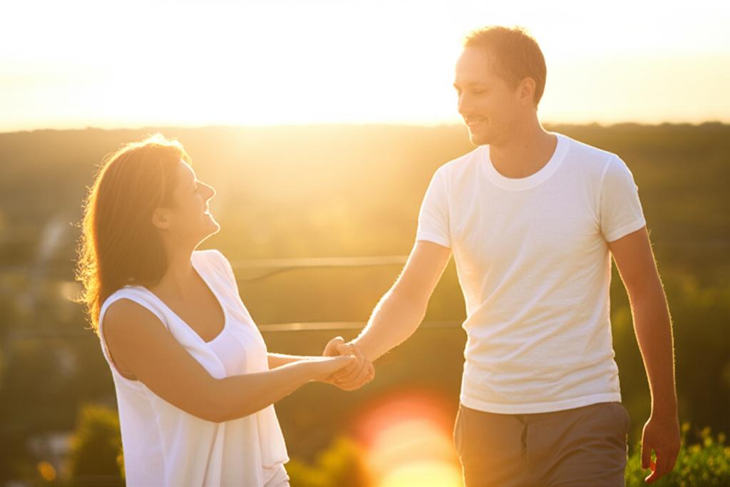 A happy couple holding hands and smiling, representing improved relationship and energy. Positive and hopeful tone.
