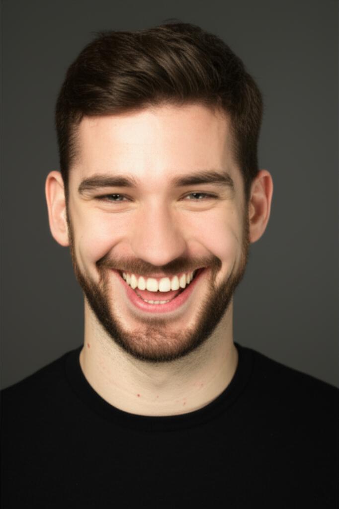 Man smiling confidently, looking energetic and happy