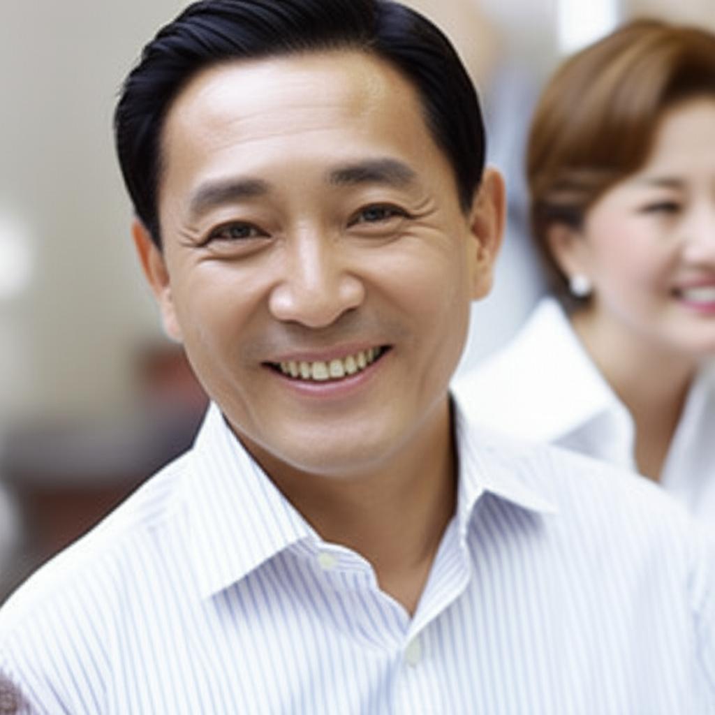 Middle-aged asian man smiling confidently, perhaps with a partner in the background, bright lighting, looking happy and relaxed