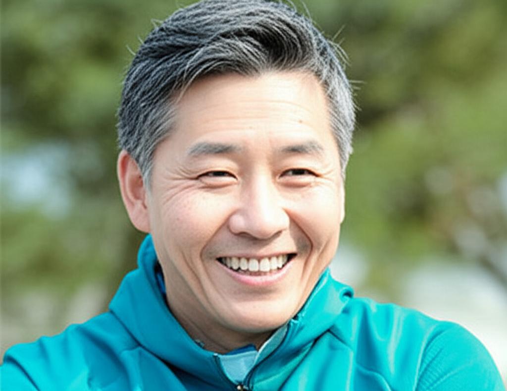 ai prompt: An Asian man in his 50s smiling and looking energetic, perhaps exercising or enjoying nature, bright lighting, realistic photo