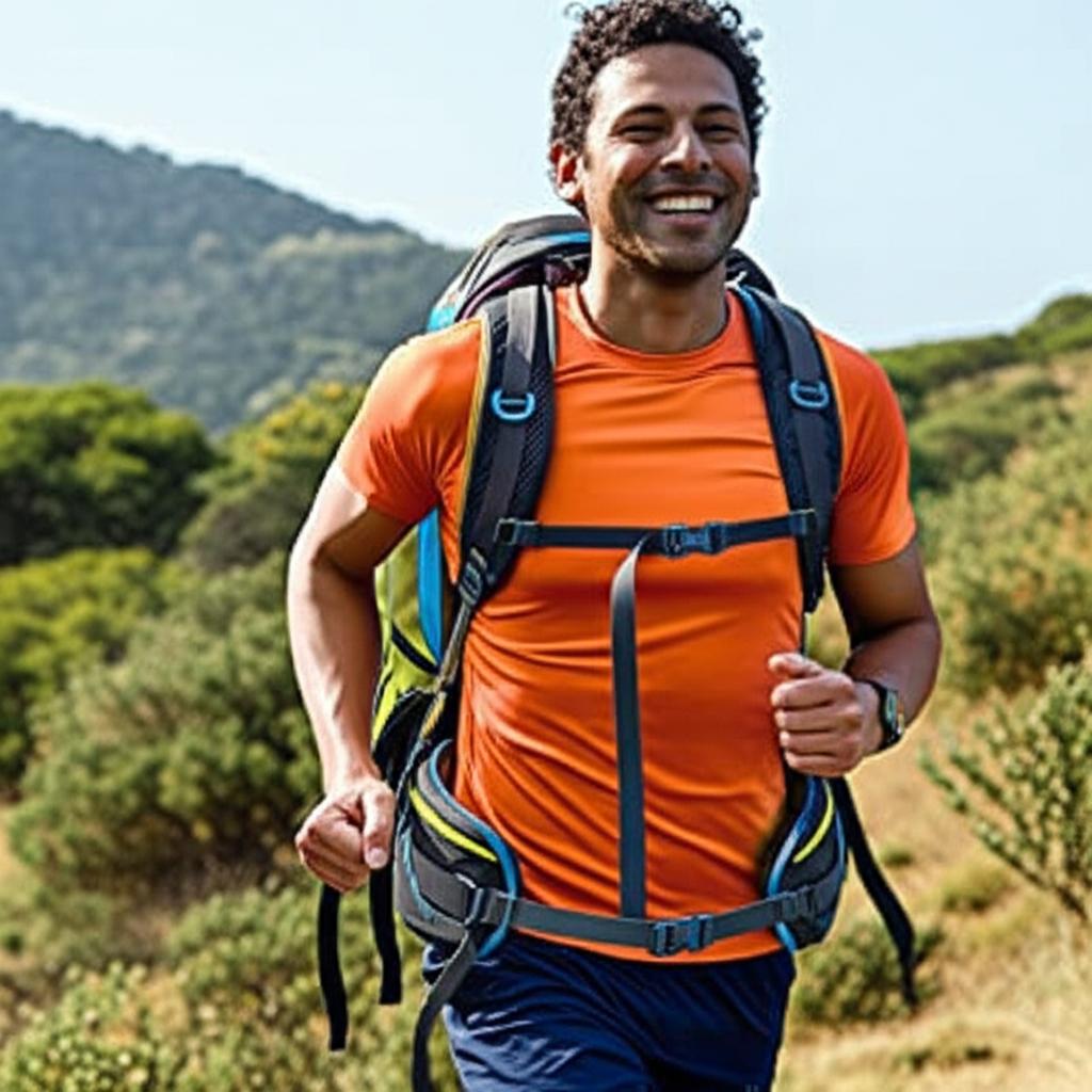 A man looking energetic and smiling, perhaps doing an activity he enjoys.