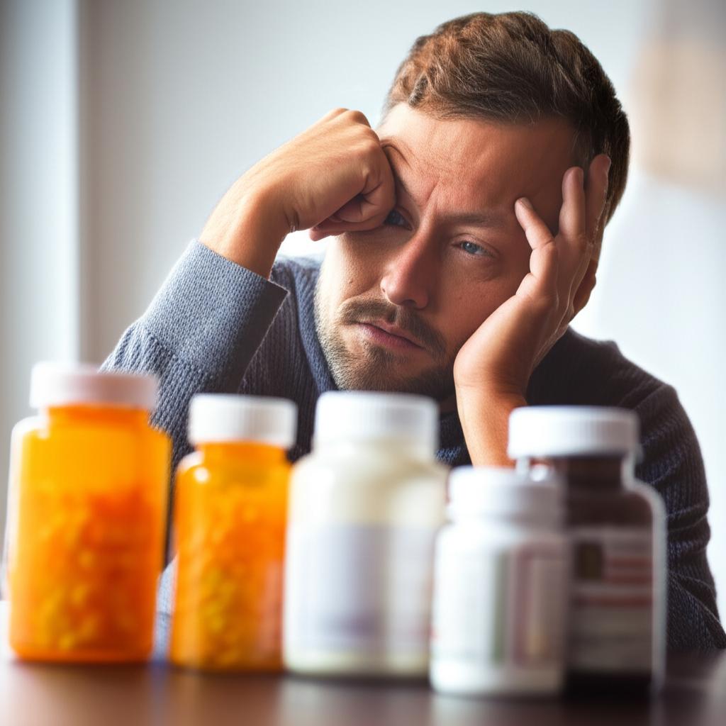 Man feeling tired and stressed, contemplating medication.