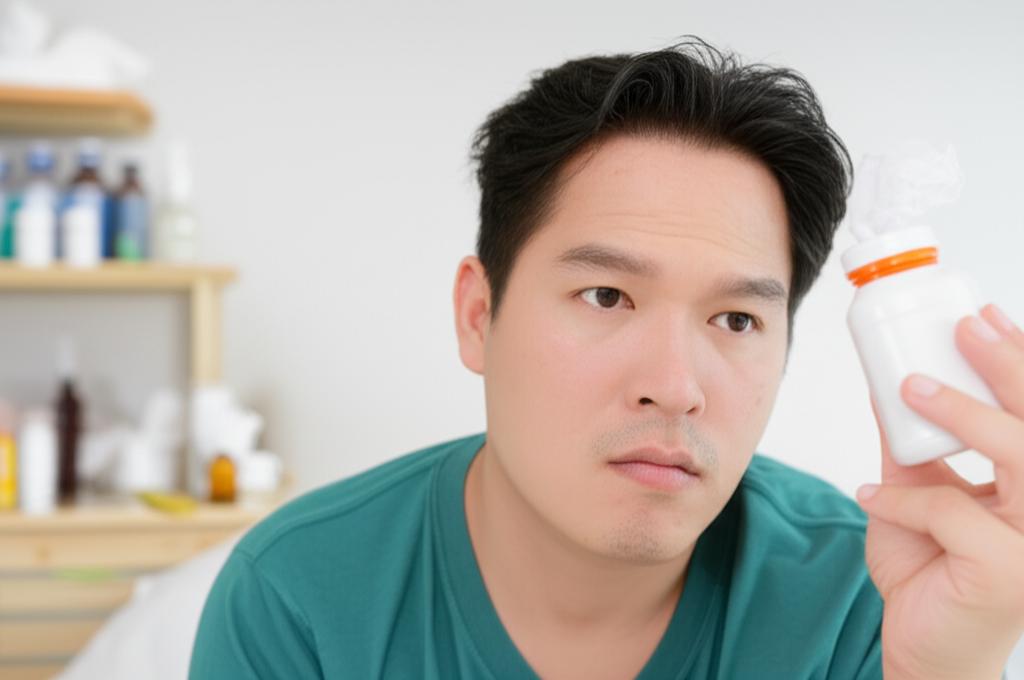 ai prompt: a thoughtful asian man looking at a medicine bottle, feeling concerned about dependency, subtle background suggesting health struggle