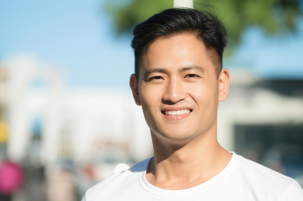 ai prompt: a confident and energetic asian man smiling, looking healthy and revitalized, natural lighting, outdoor setting