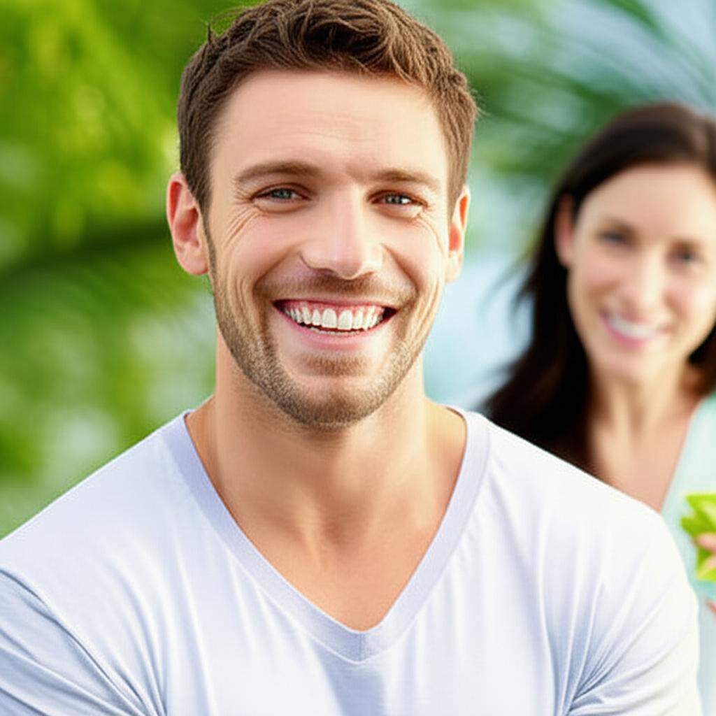 Man smiling confidently after using a natural product, with a partner nearby