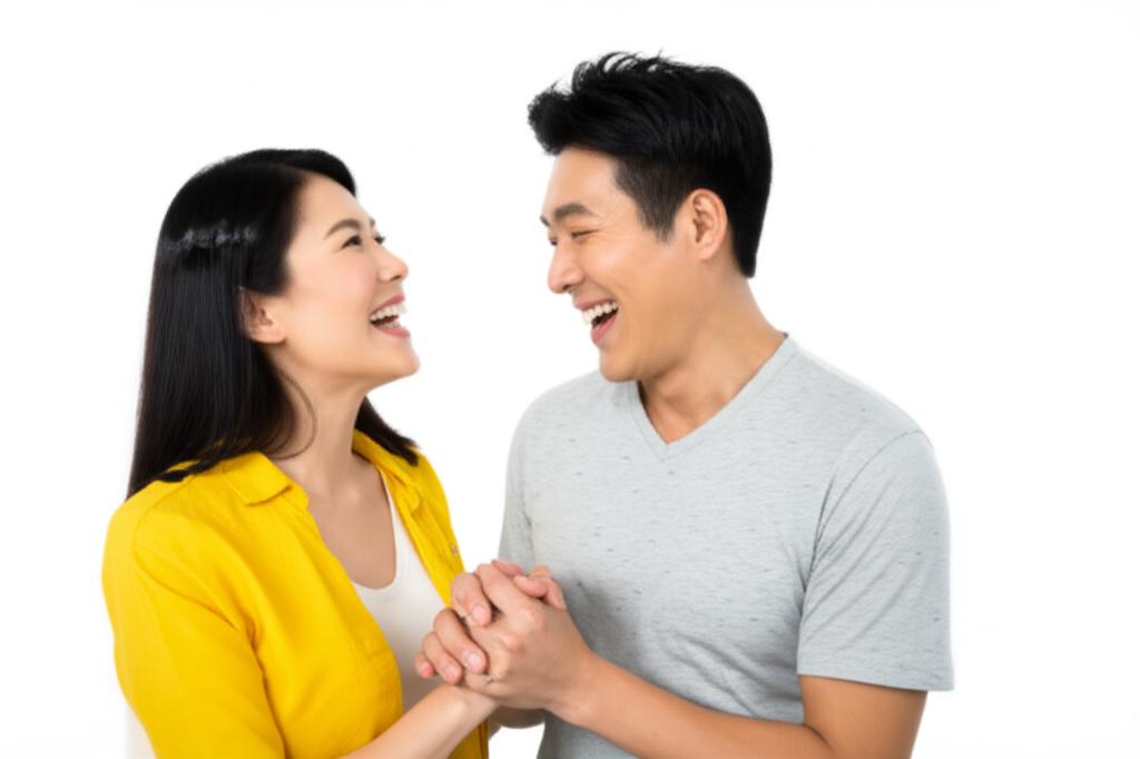 Happy middle-aged asian couple holding hands